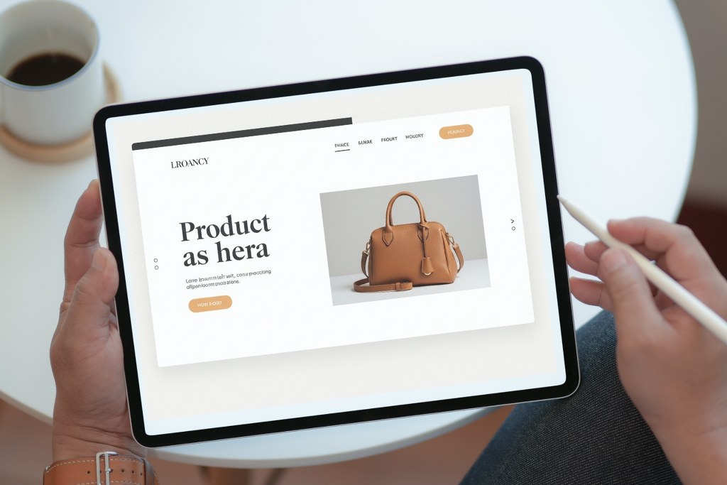 Website selling bags displayed on tablet.