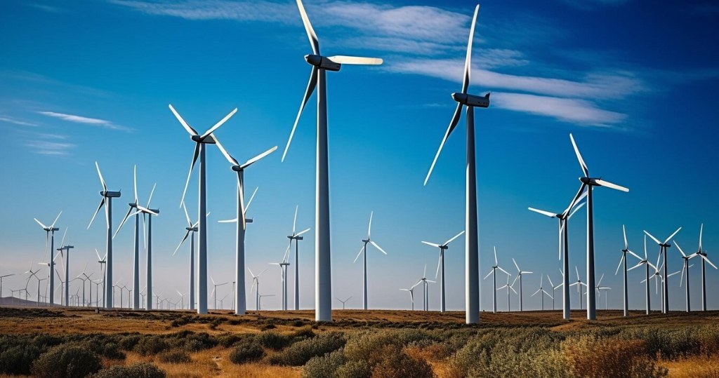 Wind turbines in an expansive filed.