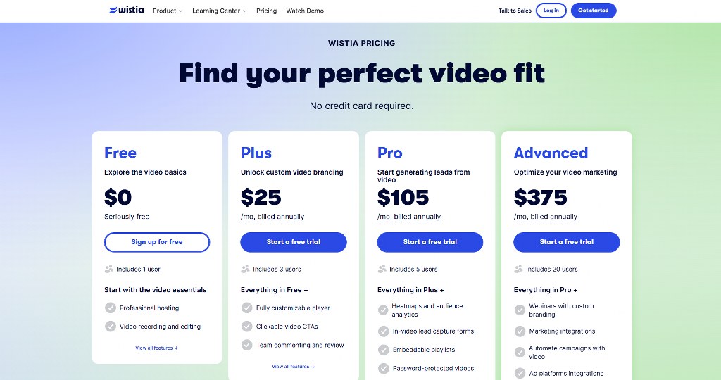 Wistia pricing page.