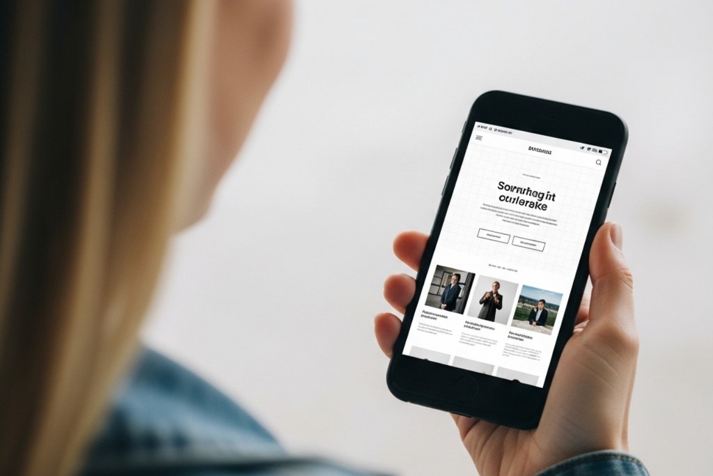 Woman holding phone showing website.