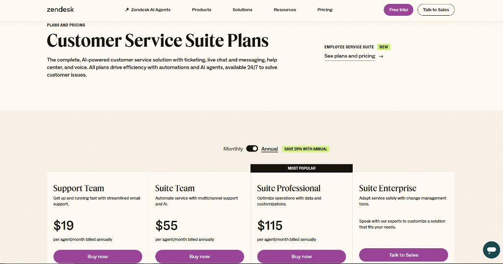Zendesk pricing page.