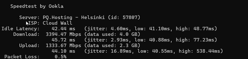 Dedicated Server Network Speed Test results