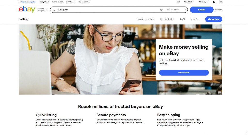 eBay webpage for selling merchandise.