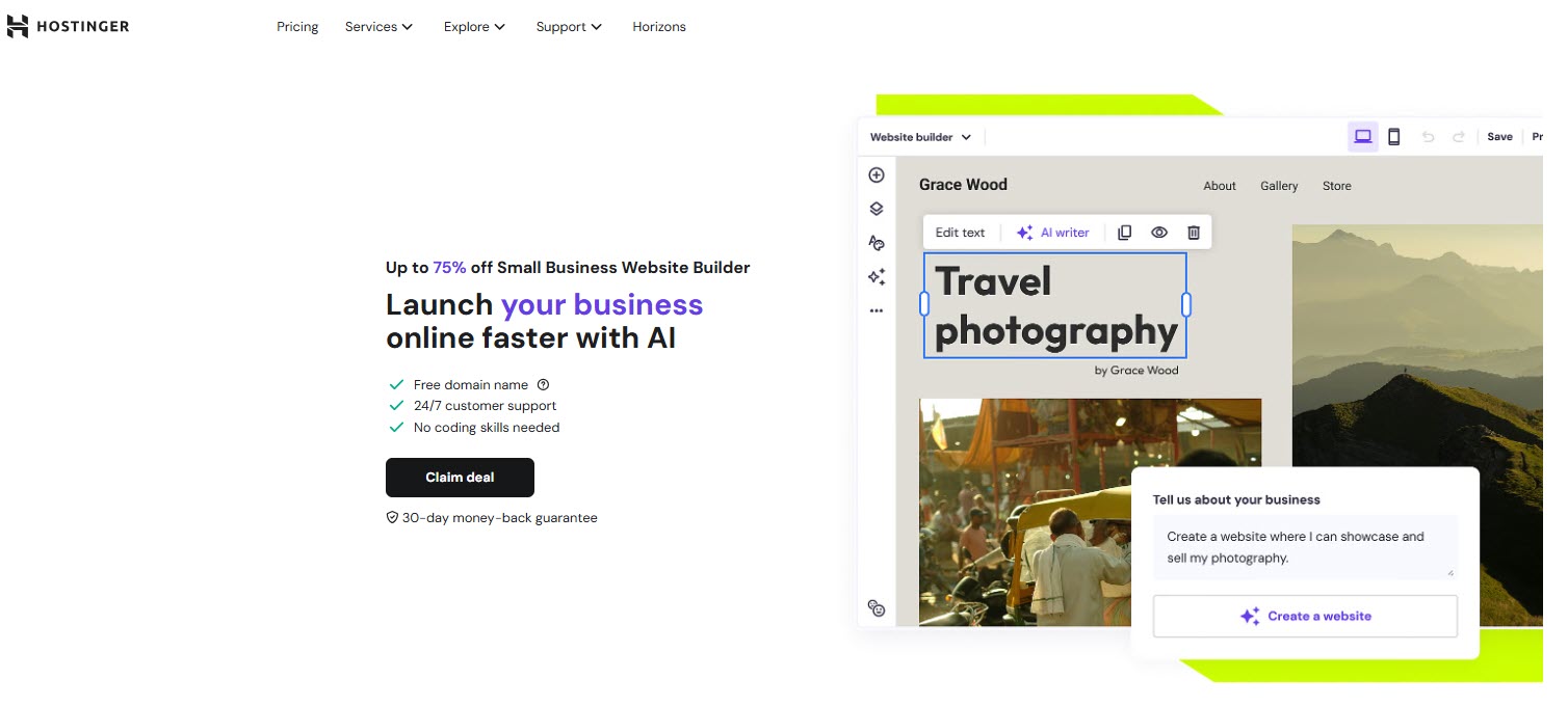 Hostinger business website builder landing page