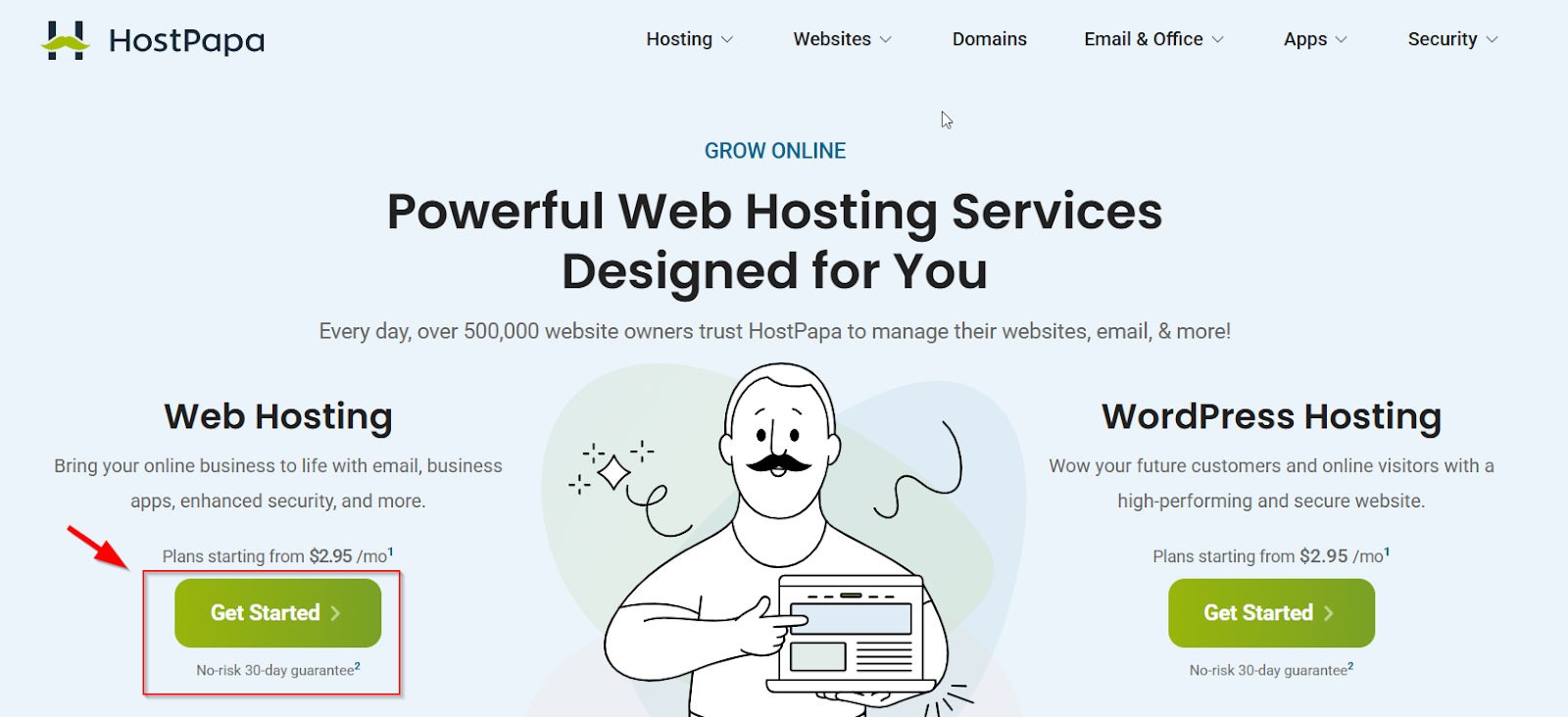 Screenshot of HostPapa homepage showing Web Hosting plans and Get Started button