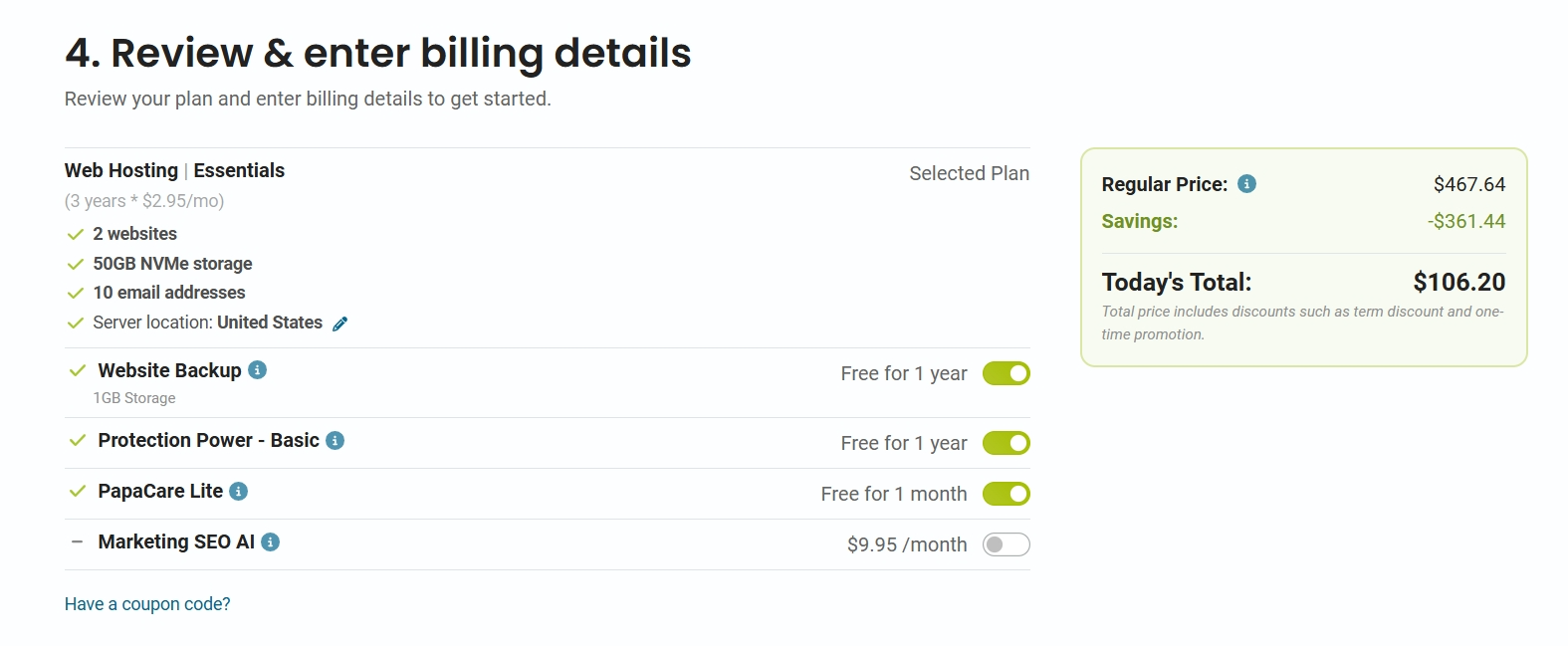 Screenshot of HostPapa checkout summary with add-ons and Today's Total pricing