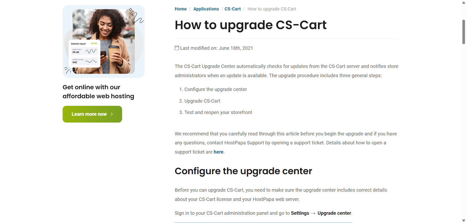 HostPapa knowledge base article page titled How to upgrade CS-Cart