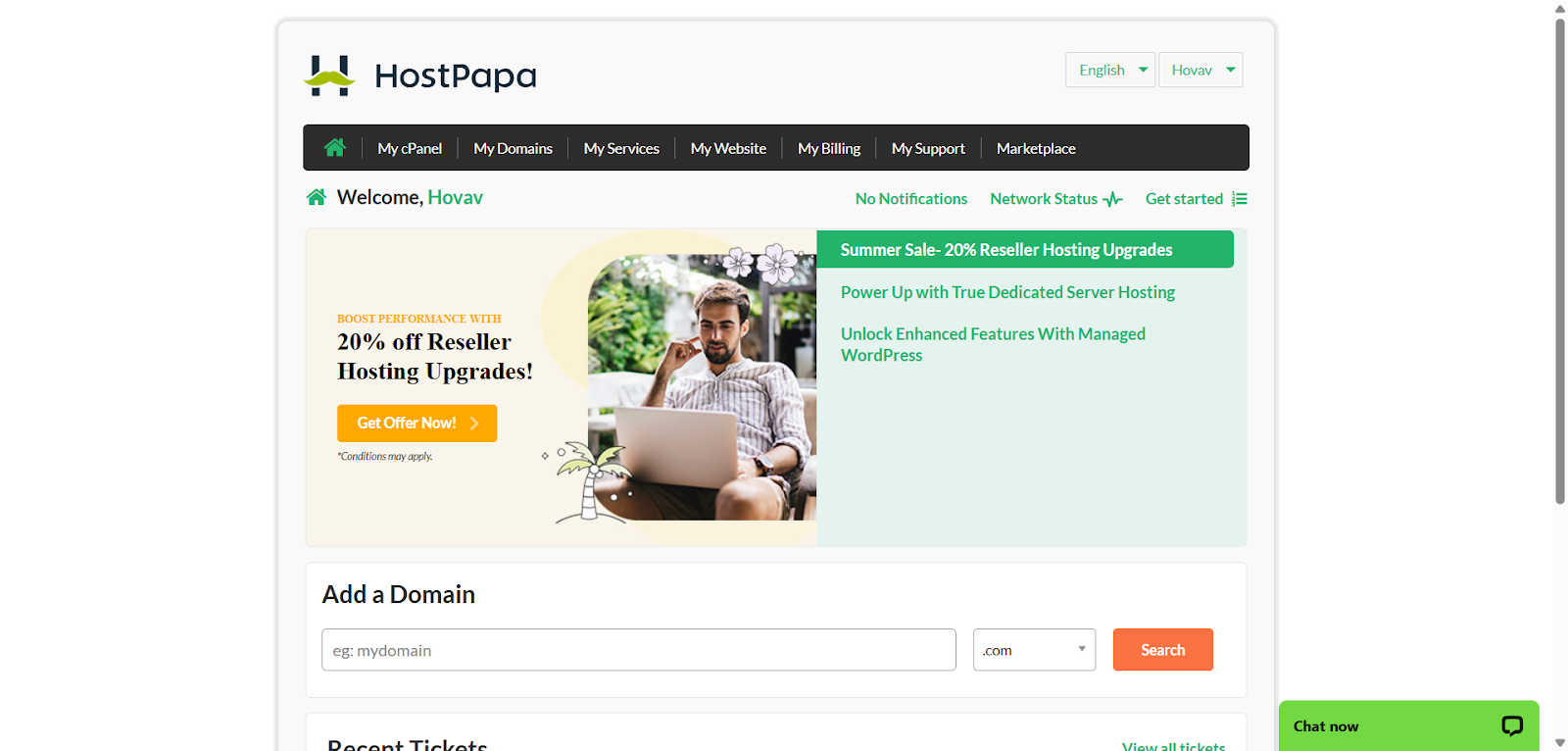 HostPapa client area top navigation with links to My cPanel, My Domains, My Services, Billing, Support, and Marketplace