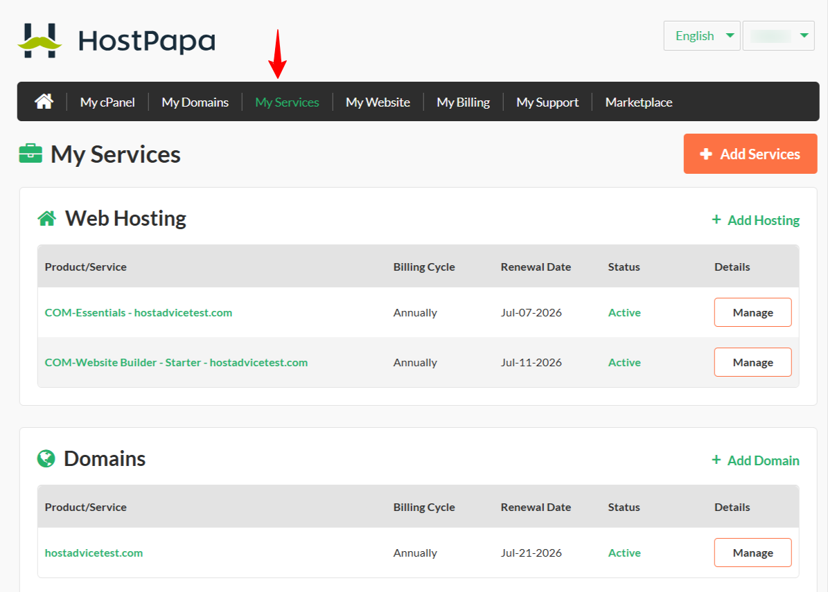 HostPapa My Services overview listing Web Hosting, Domains, and Website Protection sections