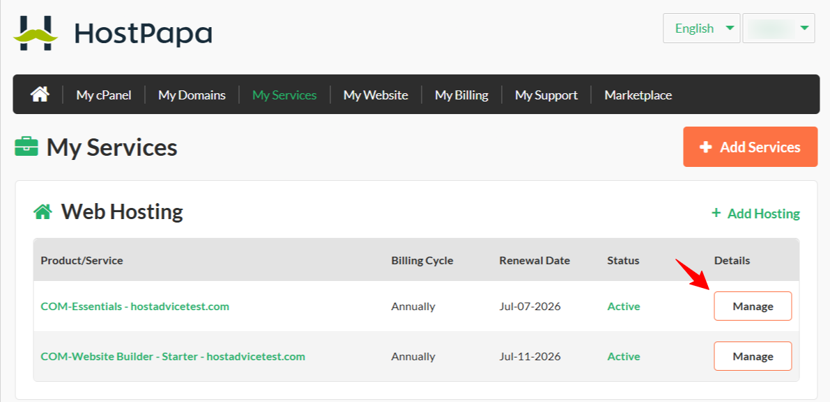 HostPapa service details page showing billing term, start and renewal dates, and renewal amount