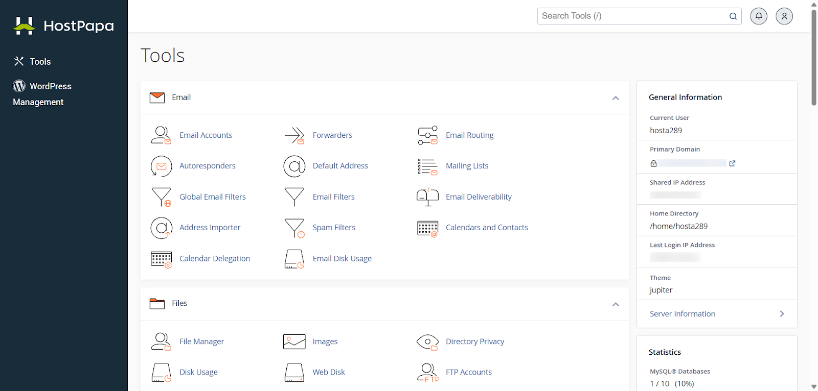 HostPapa cPanel dashboard showing grouped tools for email, files, databases, domains, metrics, security, and apps