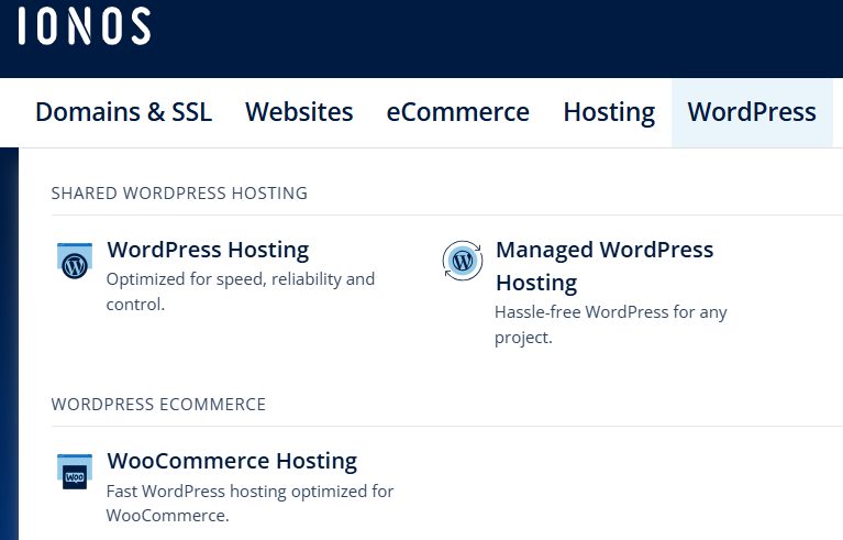 IONOS WordPress托管方案概览页面