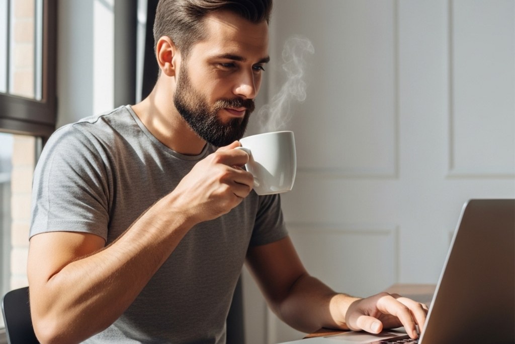 A Man Drinking Coffee while Using Laptop.