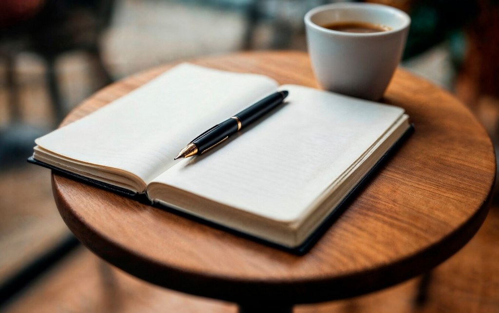 A book and a pen on a coffee table.