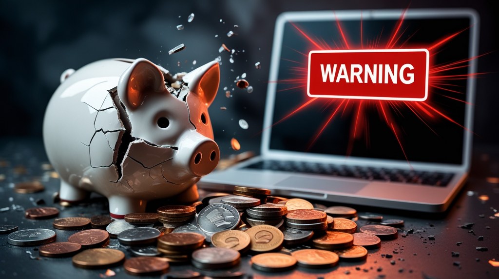 A broken piggy bank spilling coins alongside a laptop glowing with a red warning sign, symbolizing the cost of a data breach.