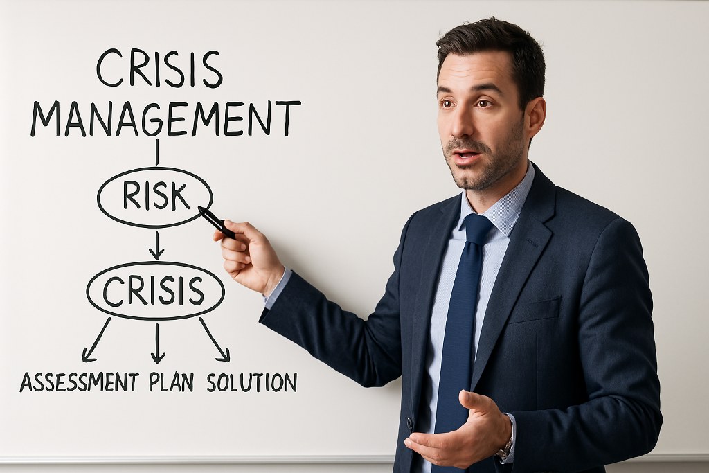 A business executive doing a crisis management presentation.