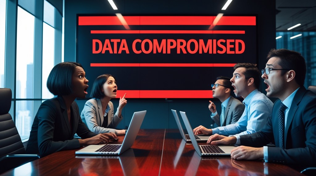 A business meeting room with shocked employees staring at a big screen showing “Data Compromised.”