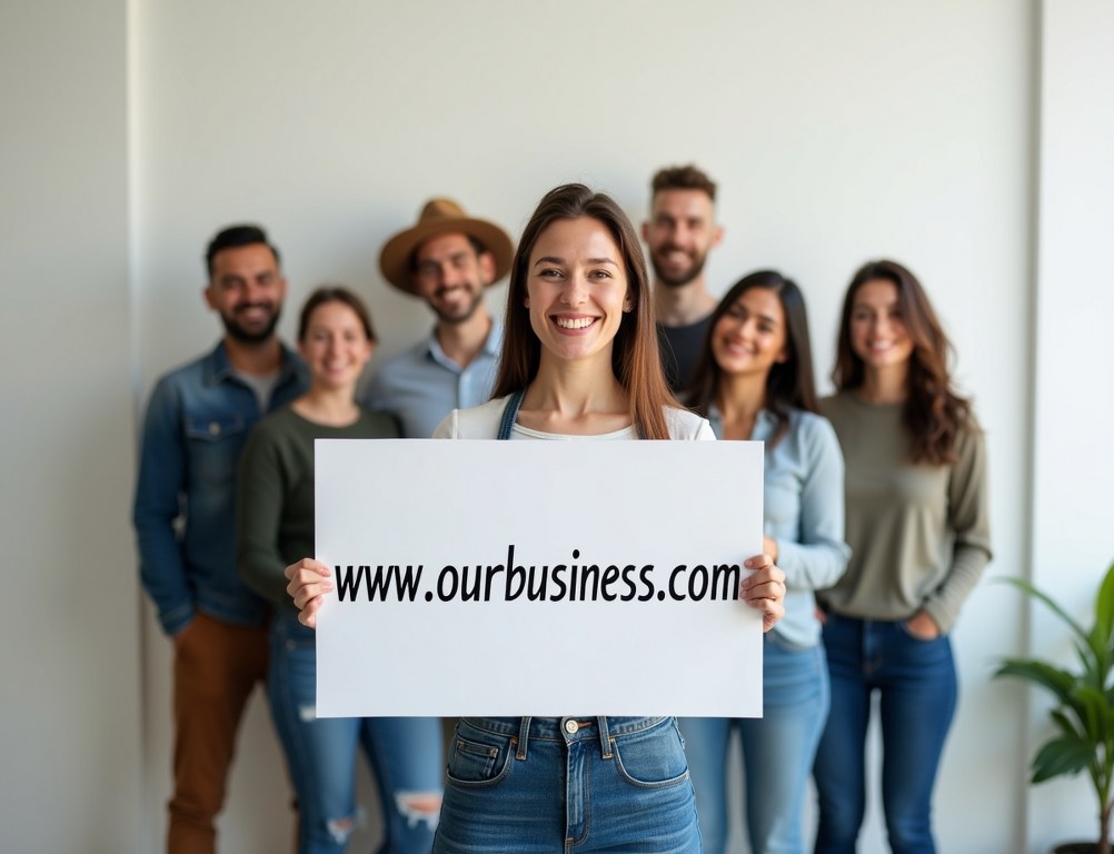 A business owner proudly holds a sign with their new custom domain name.