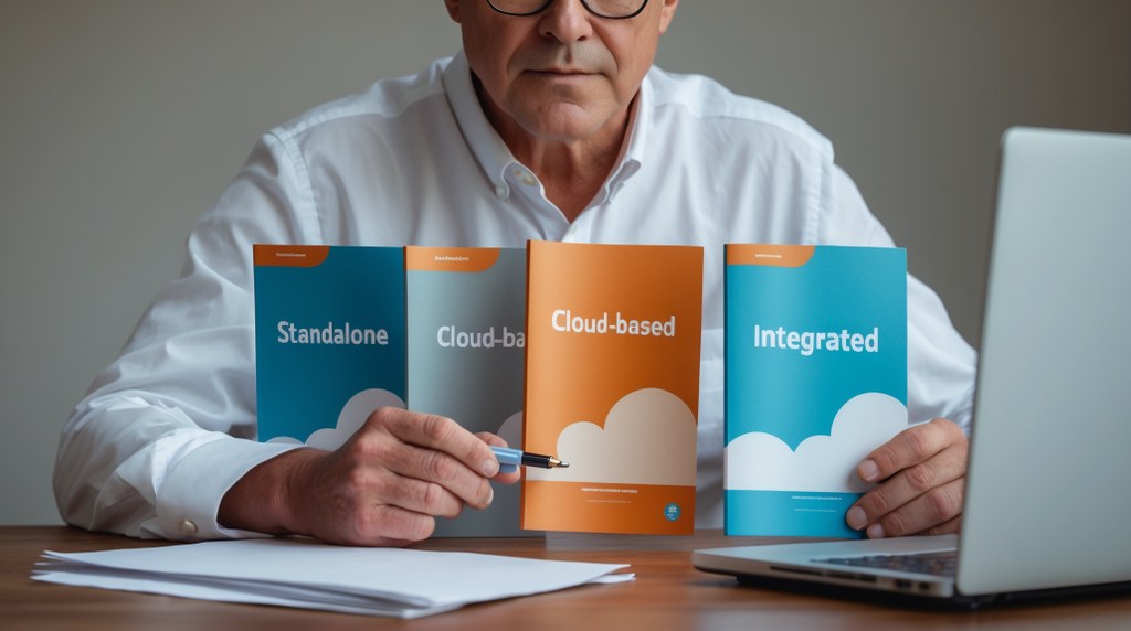 A business owner sitting at a desk comparing printed software brochures labeled “Standalone,” “Cloud-Based,” and “Integrated,”