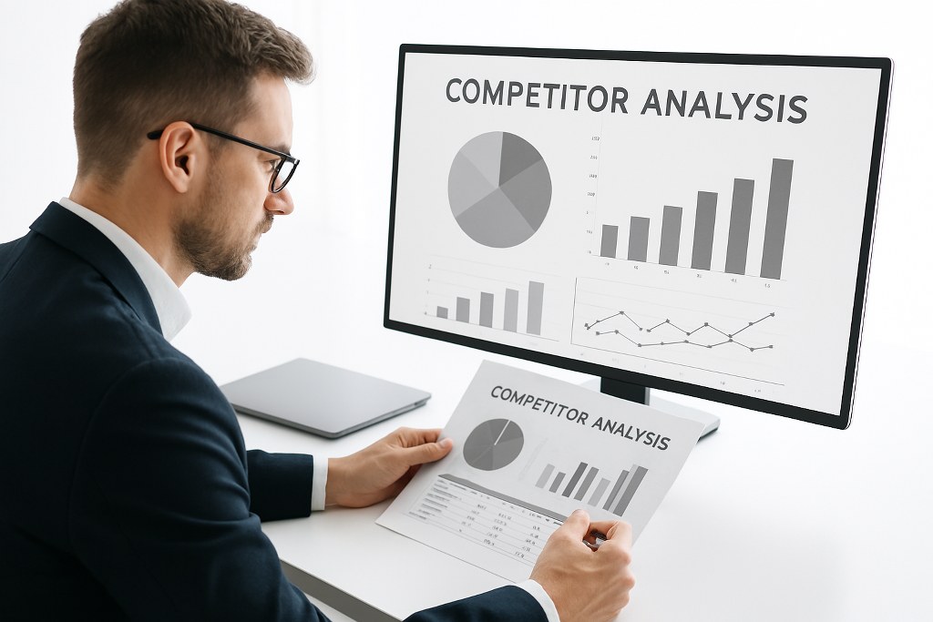 A businessman doing competitor analysis.