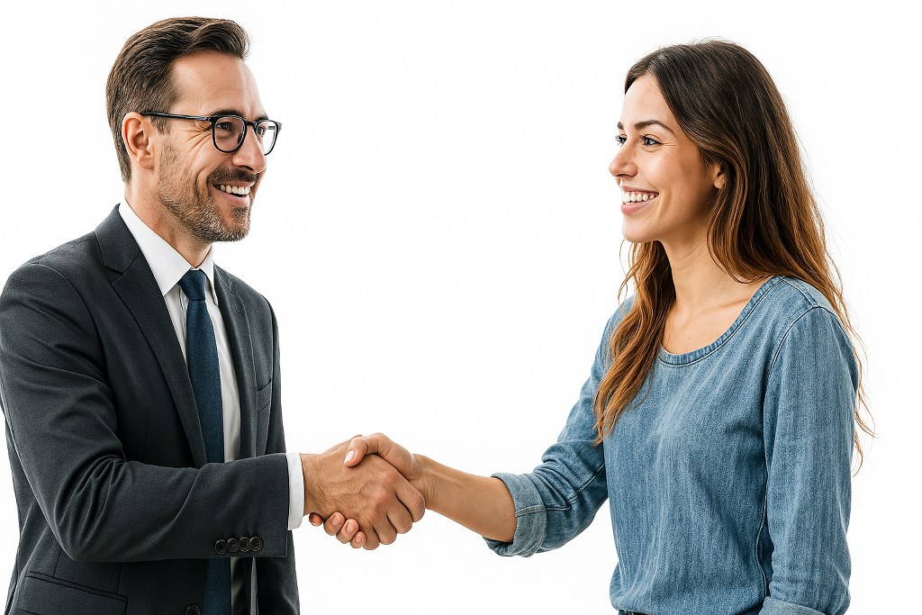 A businessman shaking hands with a social media influencer.