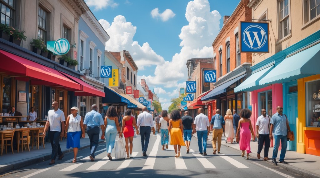A bustling city street where many shops have a WordPress sign out front.