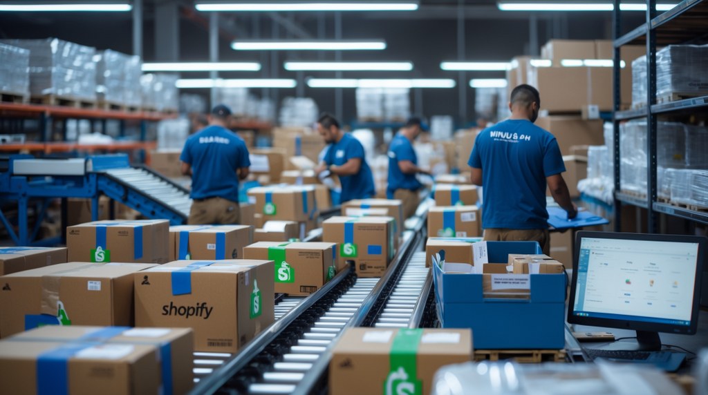 A bustling fulfillment center with labeled Shopify packages being sorted for delivery.