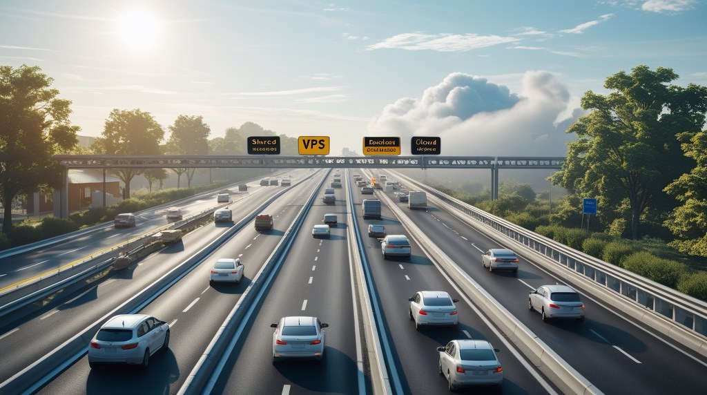 A busy highway with lanes marked “Shared,” “VPS,” “Dedicated,” and “Cloud,” showing different speeds and traffic levels.