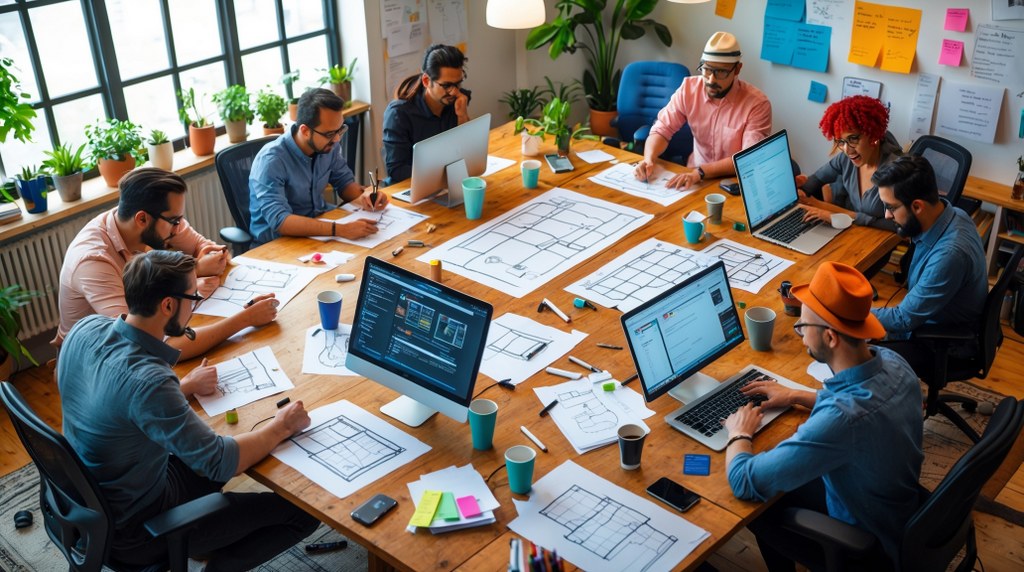 A busy office of web designers and web developers collaborating on screens and sketches.
