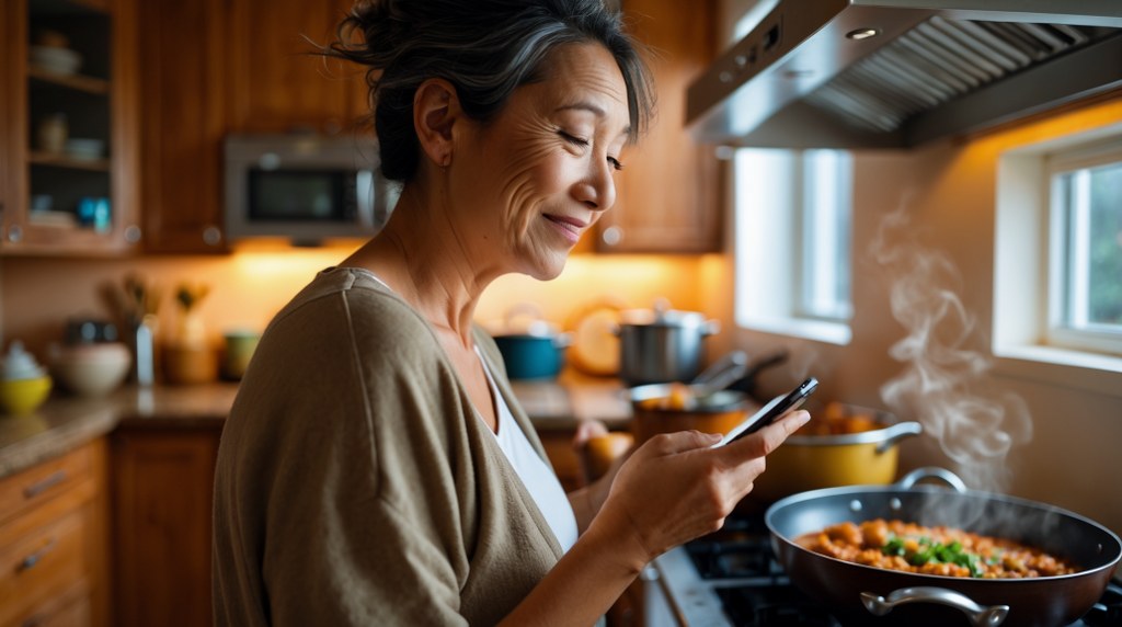 A busy parent ordering groceries on their phone while cooking dinner.