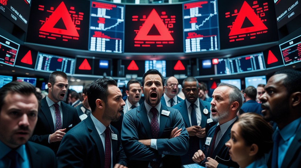 A busy stock exchange floor with giant red warning symbols flashing across ticker boards, symbolizing financial sector cyber risks.