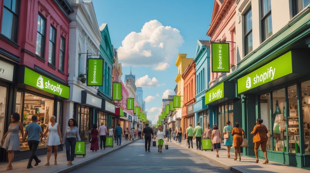 A city street lined with colorful, diverse storefronts, each with a small sign reading “Powered by Shopify.”