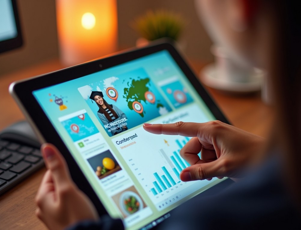 A close-up of a digital vision board on a tablet screen showing various life goals.