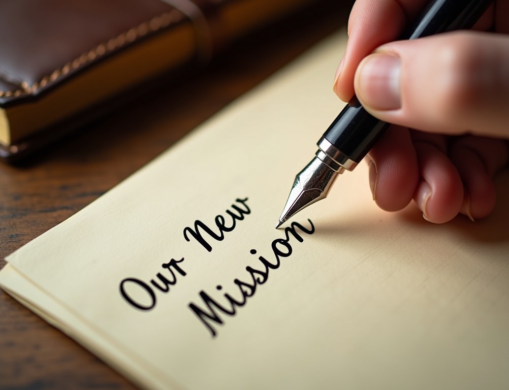 A close-up of a hand writing a new company mission statement with a fountain pen.