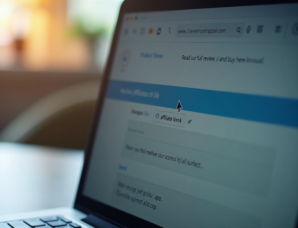 A close-up of a laptop screen showing a blog post with a highlighted affiliate marketing link.
