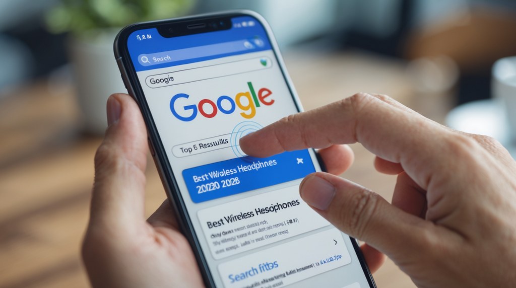 A close-up of a mobile screen showing search results for a product, with a person tapping one of the links.