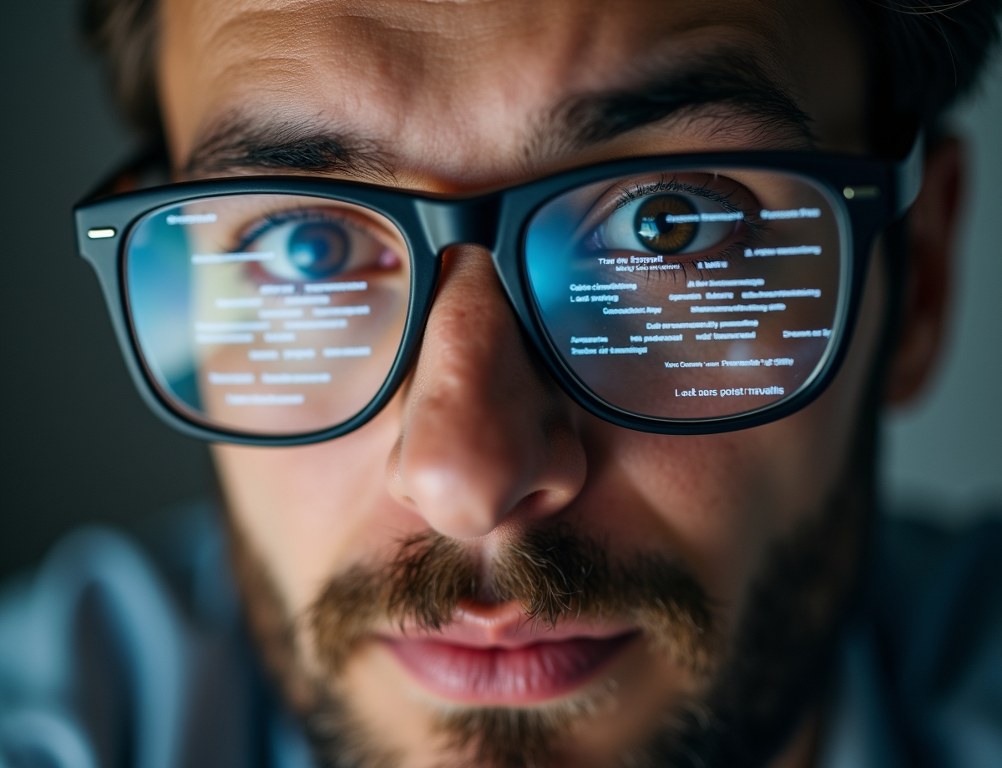 A close-up of a person's face with a website sitemap reflected in their glasses, showing deep understanding.