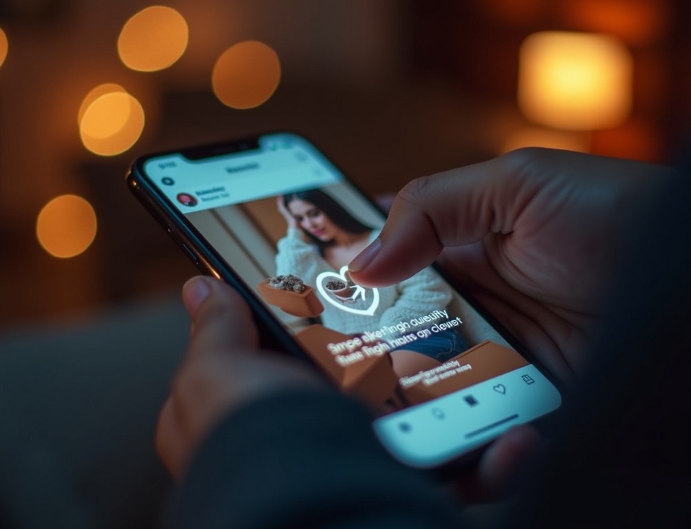 A close-up of a person's thumb liking a brand's post on a social media feed on a smartphone.