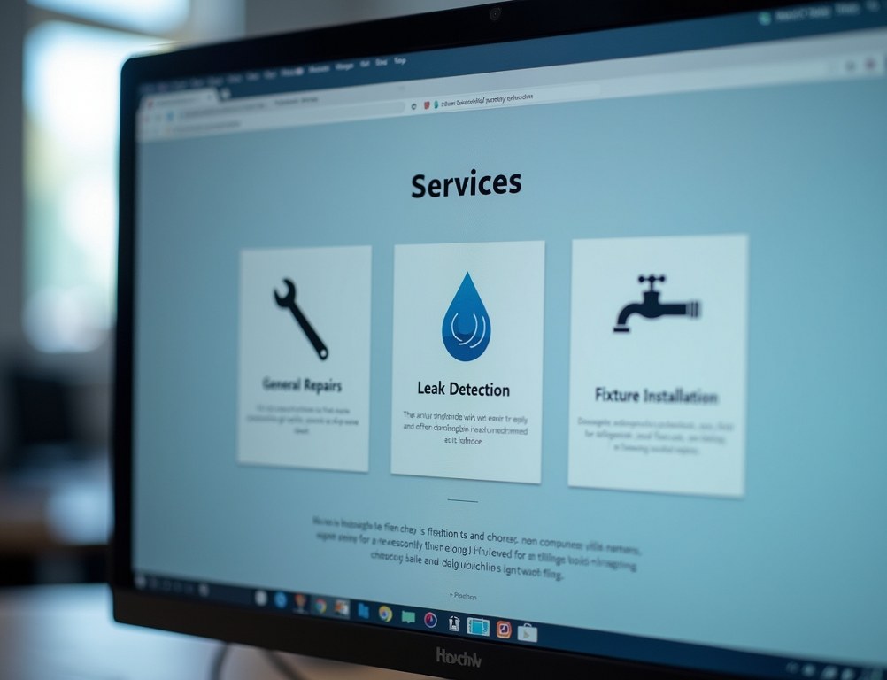 A close-up of a plumbing website's services page with clear icons and categories.