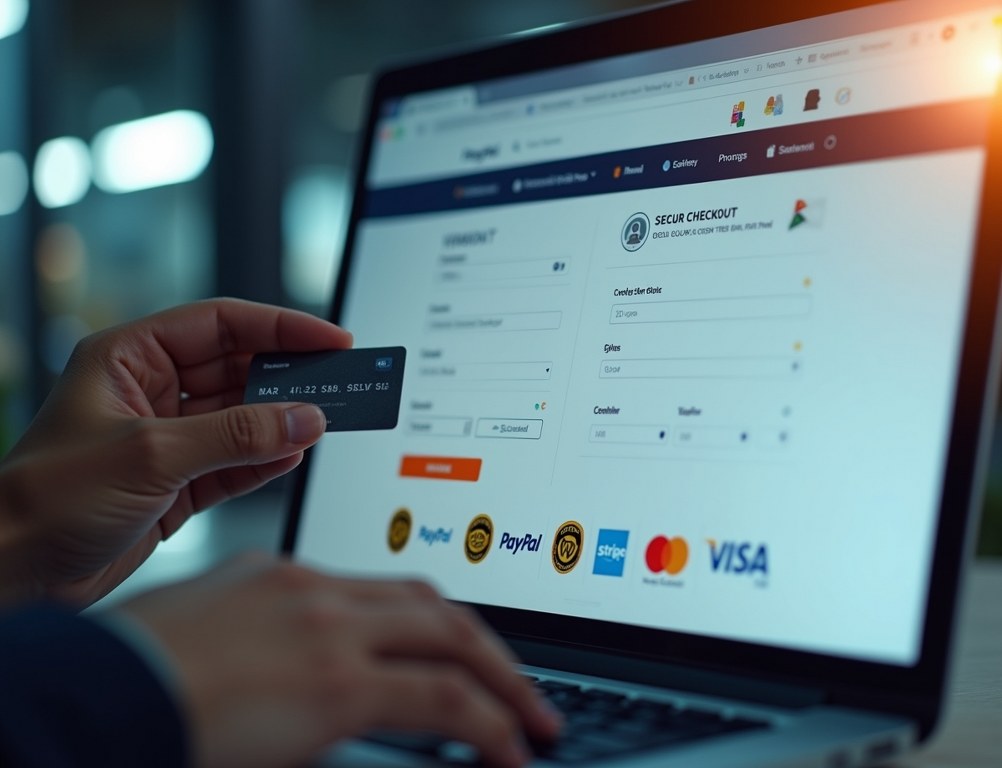 A close-up of a secure checkout page on a laptop, highlighting various payment and security trust badges.