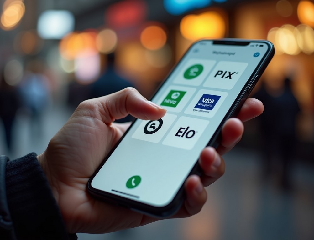 A close-up of a smartphone screen showing international payment options like WeChat Pay and Pix for a global checkout.