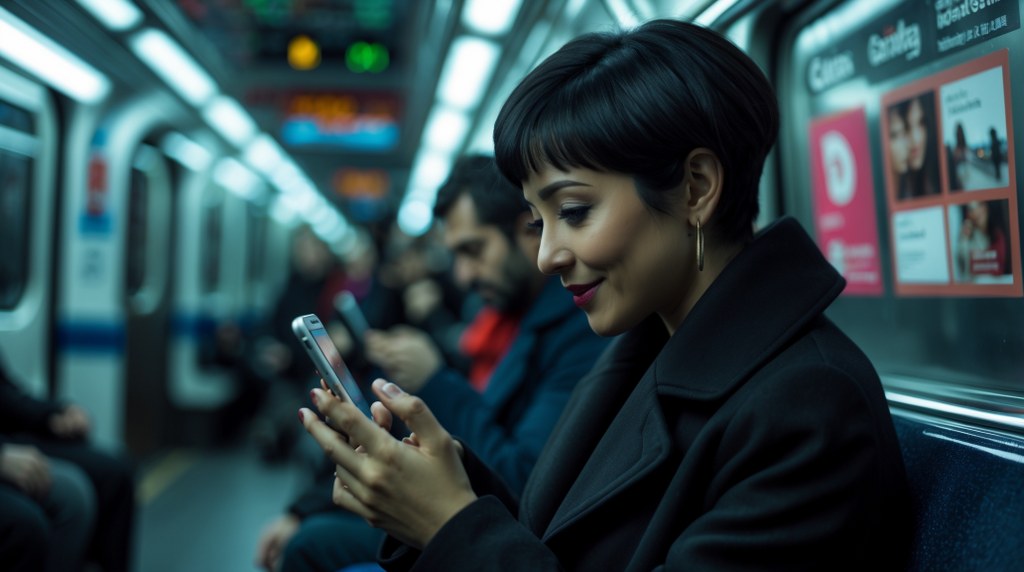 A commuter liking and sharing posts on their phone while riding the subway.