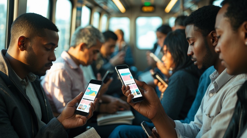 A commuter on a train browsing a mobile website on their phone while others around them do the same.