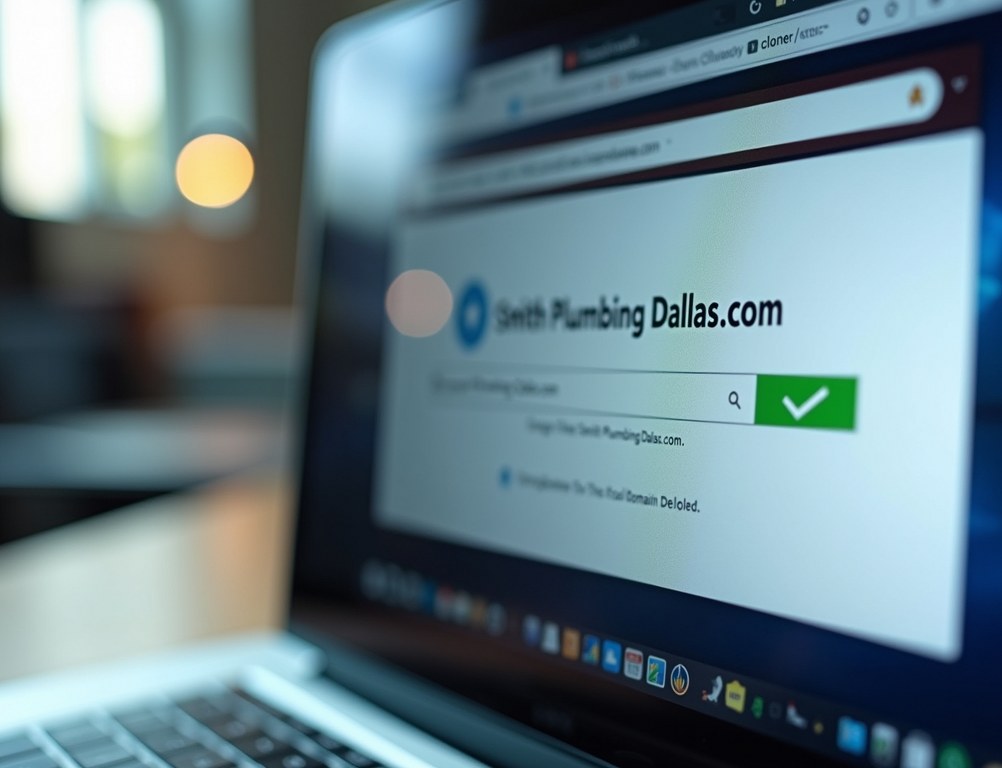 A computer screen shows a successful domain name registration for a plumbing company.