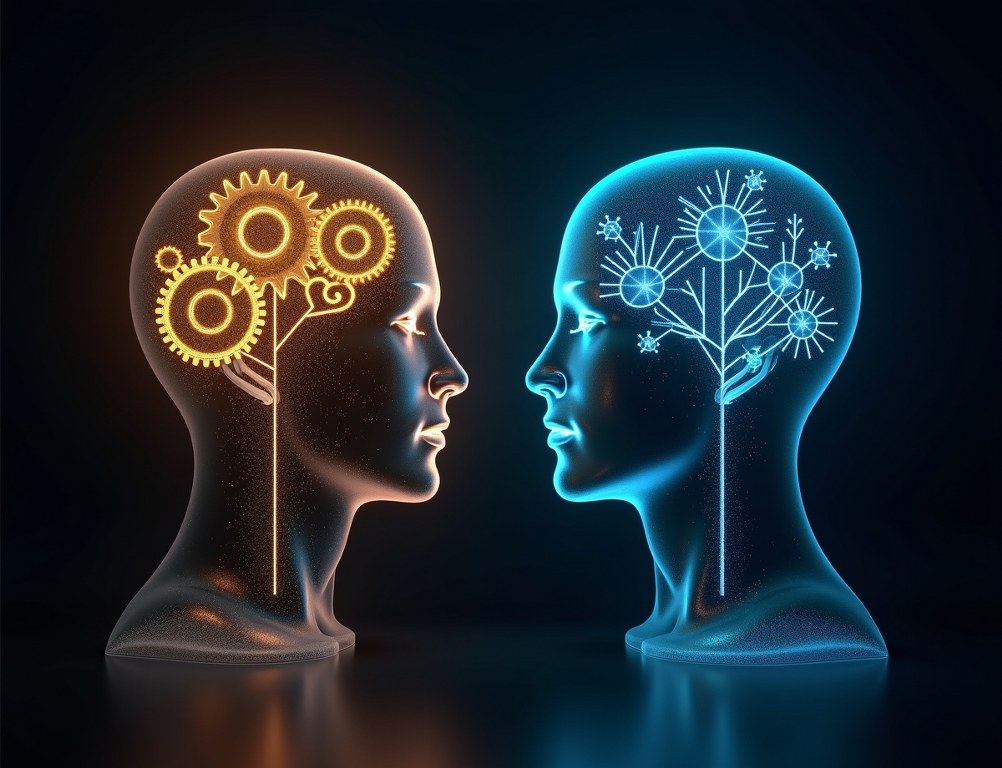 A conceptual image of two heads, one filled with gears for craft and the other with a branching diagram for business.