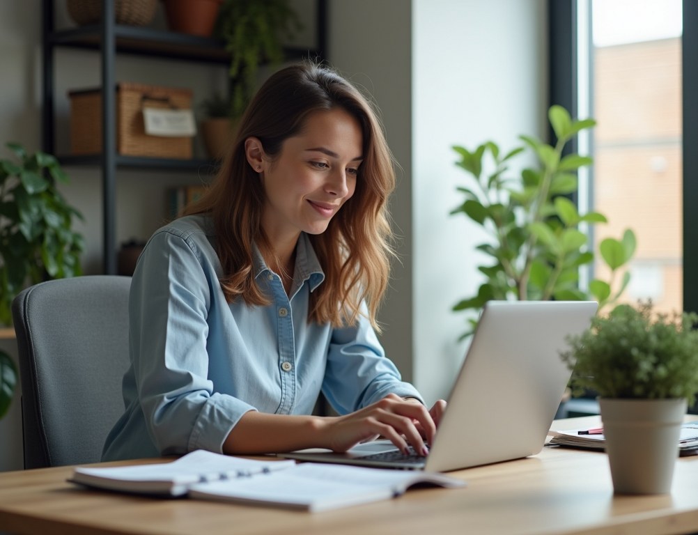 A confident solopreneur in her home office manages a video call while simultaneously working on a product prototype.