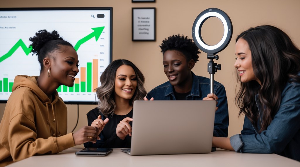 A creative team editing a video on a laptop while a screen nearby shows reach and engagement stats climbing.