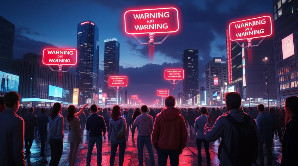 A crowded city skyline at night with glowing red warning signs hovering over different buildings, symbolizing widespread cyber threats.