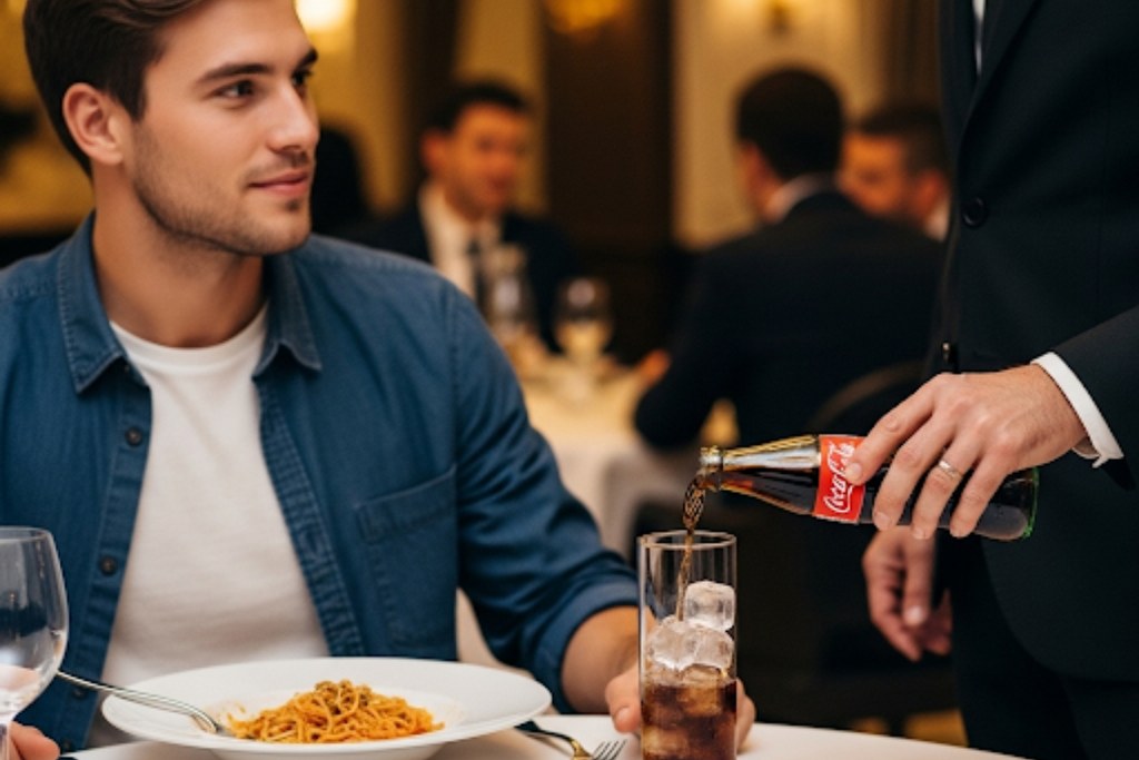 A customer is being poured Coca-Cola on his glass, illustrating a proprietary eponym.