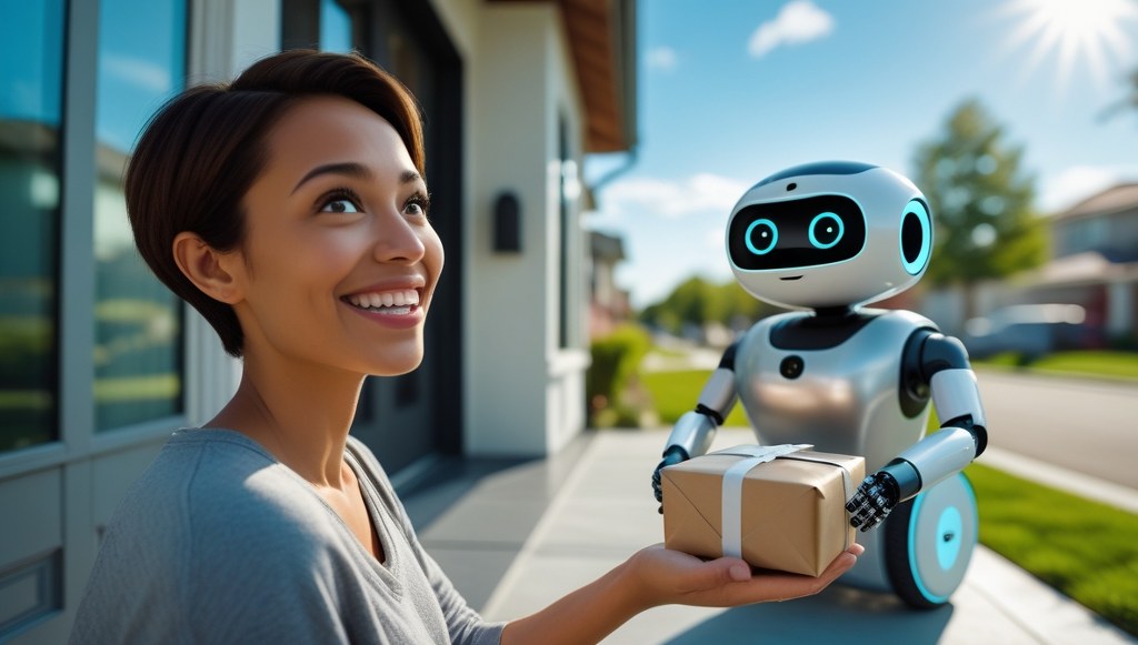 A customer smiling as a package is delivered by a small delivery robot, symbolizing innovation in the e-commerce industry.